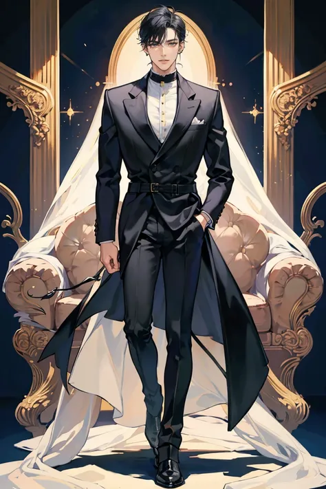 (masterpiece), best quality, seductive eyes, perfect face, handsome man, black eyes, long slicked back black hair, long nose, tan brown skin, black coat, black fitted pants, extremely tall man, long legs, long calves, full body, tall man, long legs, anime ...