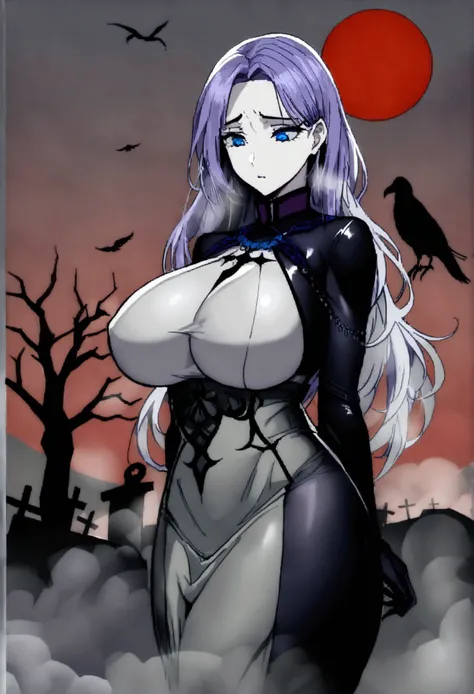 長い髪のbeautifulアニメ風の美女, (((Purple-blue hair)))Long Hair,(((Highest quality)))Transparent Hair,Face of Sadness,(((blue eyes)))A beautiful woman filled with sorrow,(((A well-defined, glamorous body)))((Huge bust))Tight waist,(((Black and grey radical dress))),...