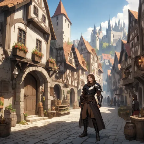 Medieval Fantasy Setting, Medieval city, thief humanity mediterranean characteristics, Brown hair and black armor