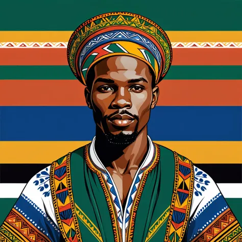 man in south african folk outfit, vector graphics, strong contours
