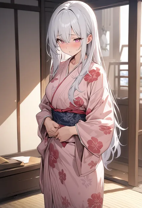 ((masterpiece)), (Highest quality), (Simple style), White hair, long hair, pink eyes, indoors, standing, loosely worn floral kimono, pubic hair