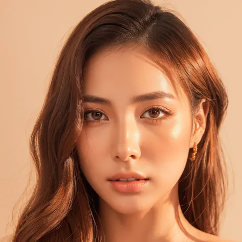 A close-up profile portrait of a Japanese woman in a studio setting, her face and gaze directed to her right (viewers left). Her expertly styled hair complements her warm-toned, orange-based makeup.
Makeup details:
Eyes: Gradient of warm eyeshadows from so...