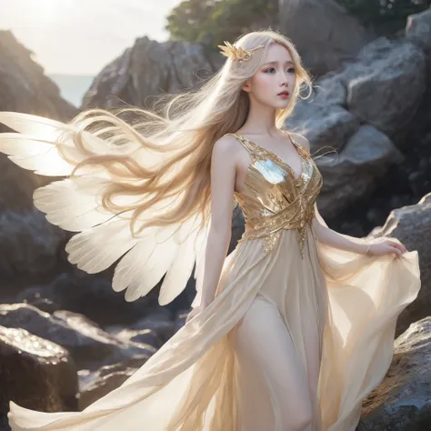 Beautiful Goddess、woman with mysterious look、Feminine Style、Golden eye colour、Golden dress fluttering in the wind、Long milky beige hair fluttering in the wind、Women are shining、Glittering hair accessories、Big white wings、Fantasy、glittering accessories、The ...