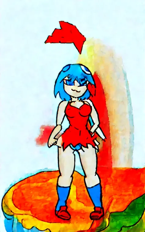 8k.4k,((Best Quality, Masterpiece, ultra high resolution)),((whole body)),standing,by Pixelsketcher,   dress, Blue eyes,Red hair, red dress, short hair,old,short dress,shoes, blue panties, red shoes, neckline, sleeveless dress,(Blue socks),human,hair ornam...