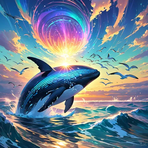 In the vast expanse of a serene ocean, a magnificent floating oracle whale emerges from the glistening waves. Its iridescent skin reflects the sunlight, creating a mesmerizing display of colors. Above, a flock of seagulls circles around, as the whale majes...