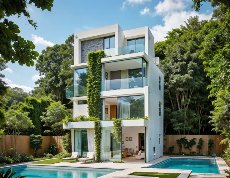 MODERN HOUSE, A wide-angle shot shows the front view of a contemporary two-story villa with glass windows, surrounded by lush greenery. It features an outdoor pool area with natural light. Stone pathways lead to the swimming pool in the yard, adorned with ...