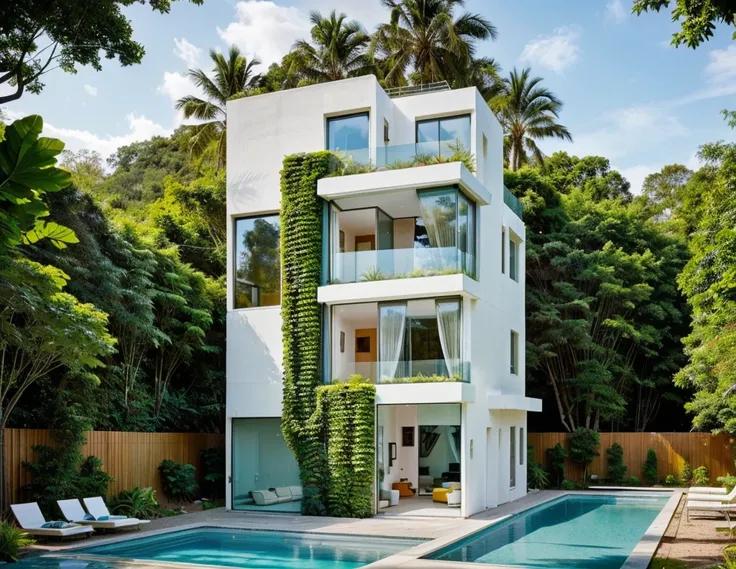 MODERN HOUSE, A wide-angle shot shows the front view of a contemporary two-story villa with glass windows, surrounded by lush greenery. It features an outdoor pool area with natural light. Stone pathways lead to the swimming pool in the yard, adorned with ...