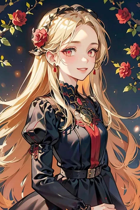 Masterpiece, high quality, Single female, Ethereal, pretty, childlike portrait, Russian, long wavy blonde hair, NO bangs, show forehead, olive skin, red eyes, cocky smile, colorful, red colors, black colors, normal red cocktail dress, no accessories, moder...