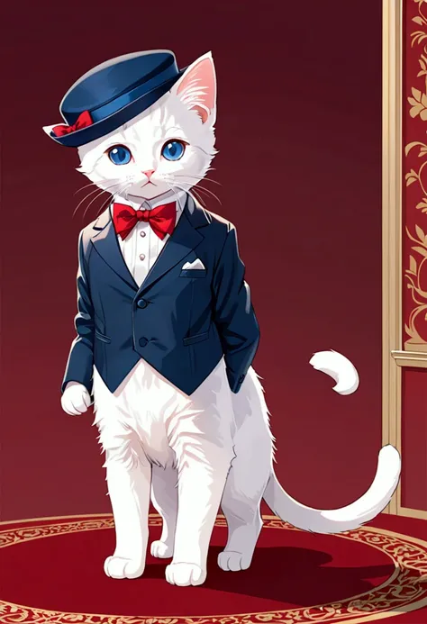 Kitten standing like a human, Wearing a dark blue tuxedo，Wearing a dark blue silk hat,Wearing a red bow tie、 Lovely, small, , Big Head, Very detailedイラスト, (best quality), (masterpiece:1.3), (photoPractical:1.36), (Practical), Very detailed