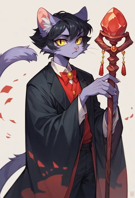 Furry,Solo female,Tuxedo cat,Black hair,yellow eyes,A staff in hand,A black robe,A red stone,A lilac color kimono