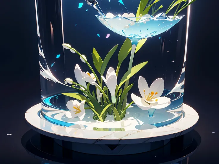 Glass sculpture masterpiece，There is a snowdrop flower inside..、There are little white ermines around. ，water，Glowing pink and blue lights，Fantastic，high quality, Attention to detail，最high quality，RTTX 10.0，4K，8k，