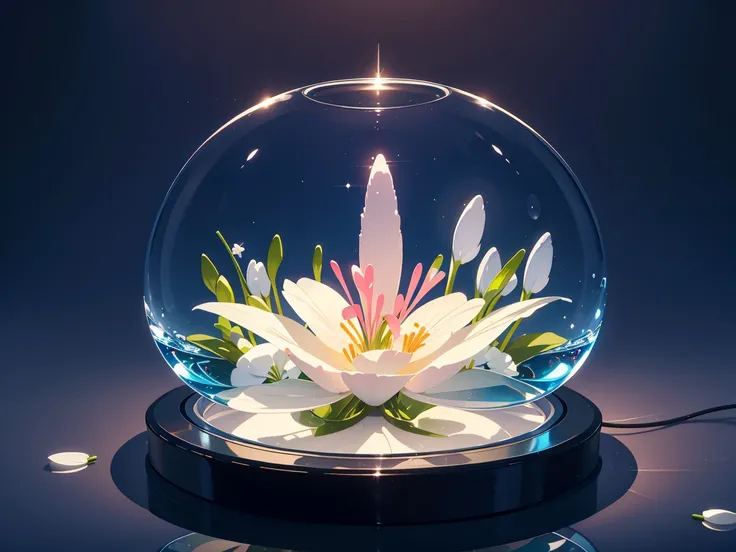 Glass sculpture masterpiece，There is a snowdrop flower inside..、There are little white ermines around. ，water，Glowing pink and blue lights，Fantastic，high quality, Attention to detail，最high quality，RTTX 10.0，4K，8k，