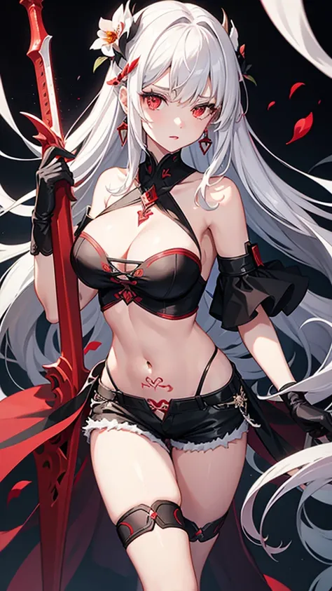 1girl, red_eyes, flower, solo, long_hair, breasts, weapon, flower_over_eye, tattoo, gloves, navel, sword, large_breasts, looking_at_viewer, white_hair, hair_ornament, chain, hair_flower, red_flower, jewelry, bare_shoulders, cleavage, black_gloves, parted_l...