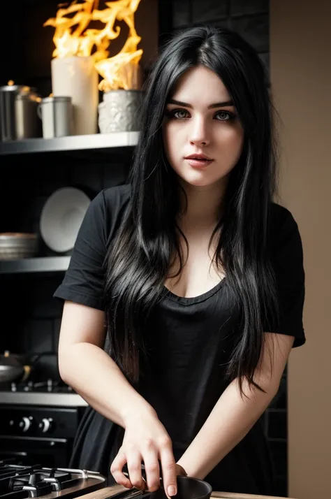 a very fat emo girl 2007,Russian communal kitchen fire show,poi like a fakir,first person perspective,realistic photograph,detailed eyes,detailed lips,extremely detailed face,long eyelashes,dramatic emotional expression,messy dark hair,pale skin,black clot...