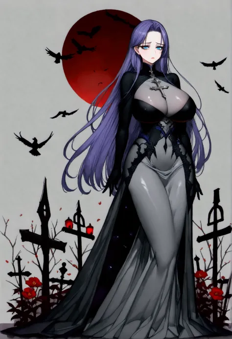 長い髪のbeautifulアニメ風の美女, (((Purple-blue hair)))Long Hair,(((Highest quality)))Transparent Hair,Face of Sadness,(((blue eyes)))A beautiful woman filled with sorrow,(((A well-defined, glamorous body)))((Huge bust))Tight waist,(((Black and grey radical dress))),...