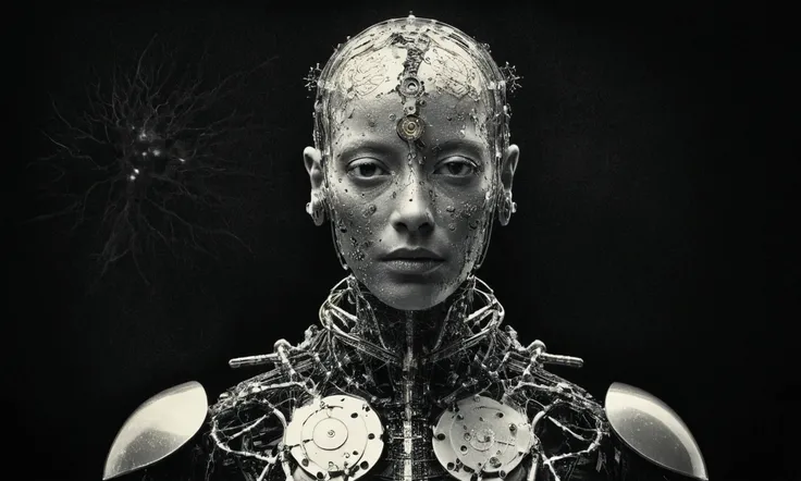 old wetplate daguerreotype dystopian portrait of a bio mechanical cyborg with crackle skin, explosion of glowing data fragments, fractals, intricate, elegant, highly detailed, avant-garde parallax, brutalism, leica, medium format, subsurface scattering, by...