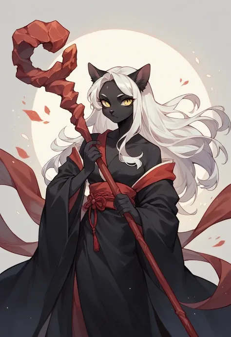 Furry,Solo female,white-black skin cat,Black long hair,yellow eyes,A staff in hand,A black robe,A red stone,A lilac  kimono