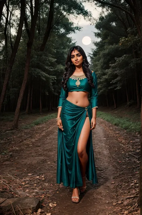 Beautiful indian woman posing, straight photoshoot pose, full body portrait, moonlit night, night time, winter, walking on forest path, detailed face, cute, big eyes, without cloths