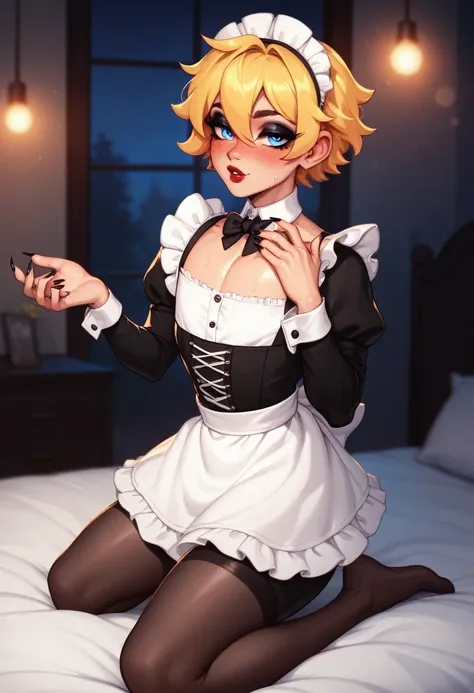 1boy, black eyeliner, male medium length hair, sharp hair texture, yellow hair, handsome, blue eyes, red lipstick, femboy, blush, thin waist, bed, half open eyes, beautiful face, sweaty body, long nails, kneeling, maid dress, black tights, night, lights ar...