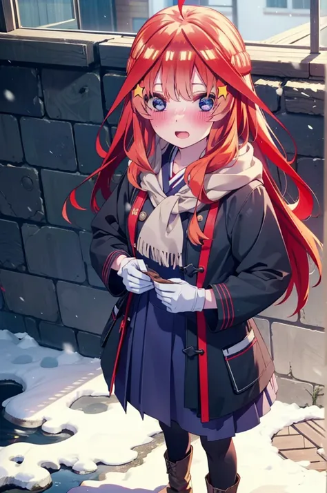 itsukinakano, Itsuki Nakano, bangs, blue eyes, Hair between the eyes, Ahoge, Redhead, star (symbol), hair ornaments, star hair ornaments,smile,blush, Open your mouth,white breath,scarf,Headphones around the neck,Knitted hat,Blue long coat,V-neck sweater,Lo...