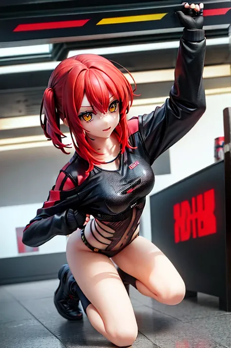 　Red Hair　Yellow Eyes　Bob　外はねBob　Confused eyes　Bob　Red Hair　Thick, vibrant red hair　Bob　whole body　female性　female　Cyberpunk Costume　Yellow costume　黄色いCyberpunk Costume　Dynamic pose