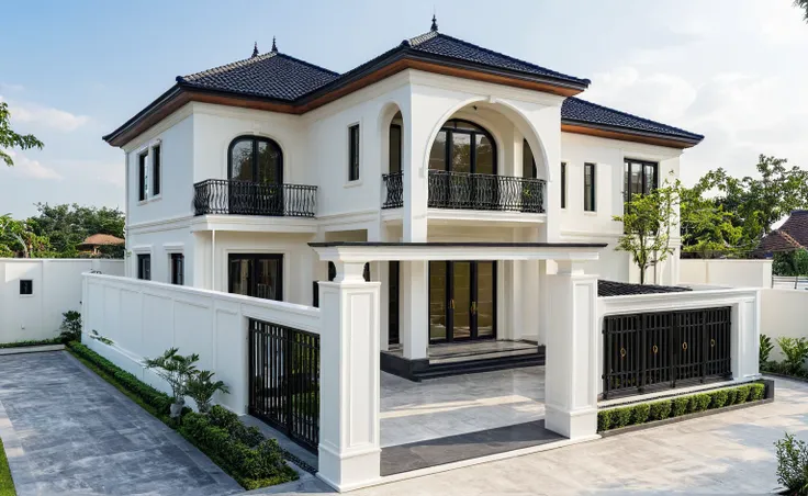 (masterpiece:1.2), best quality, photo of a two-story modern house in vietnam with white walls and dark tiles on the roof., tree...