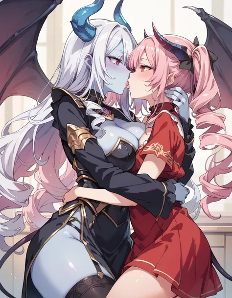 core_9, score_8_up, score_7_up, source_anime, duo, gynomorph/femail, dominant gynomorph,humanoid/human, human on anthro, interspecies, big dom small sub, height difference, age difference, yuri, kiss, hug,
(blue skin:1.3) horn, Large bat-like wings, Spade ...