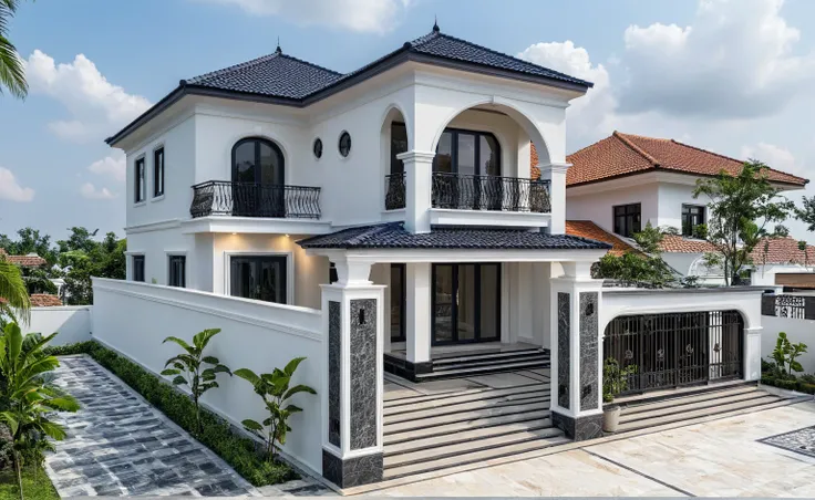 (masterpiece:1.2), best quality, photo of a two-story modern house in vietnam with white walls and dark tiles on the roof., tree...