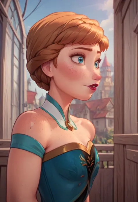 ((masterpiece, best quality)), disney reference, (anna), anna grins, lipstick, freckles on face, upper body: bare shoulders, ski...