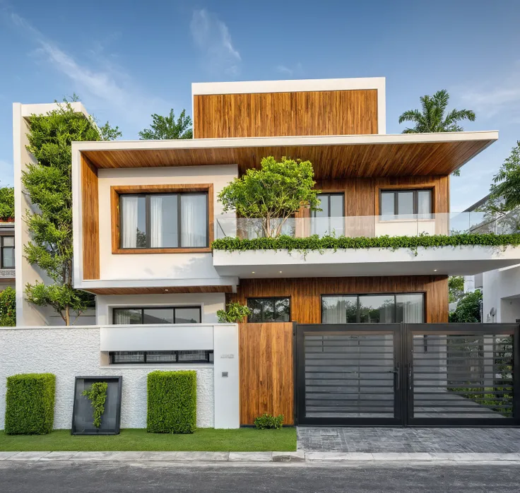 modern townhouse on street, (sunset), tropical tree, vivid colour, streetcapes, white tone, white wall, steel gate, rough white ...