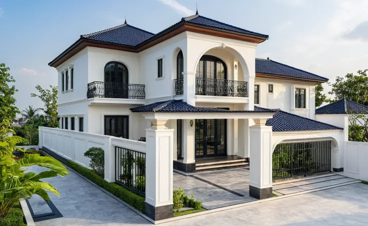 (masterpiece:1.2), best quality, photo of a two-story modern house in vietnam with white walls and dark tiles on the roof., tree...