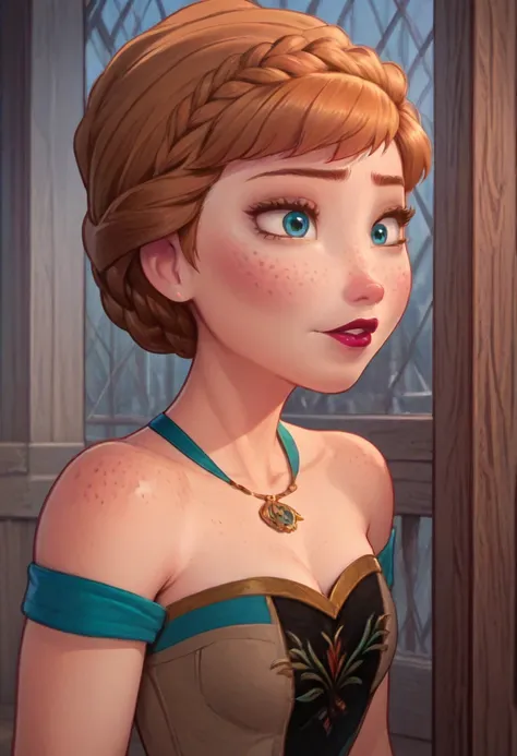 ((masterpiece, best quality)), disney reference, (anna), anna grins, lipstick, freckles on face, upper body: bare shoulders, ski...