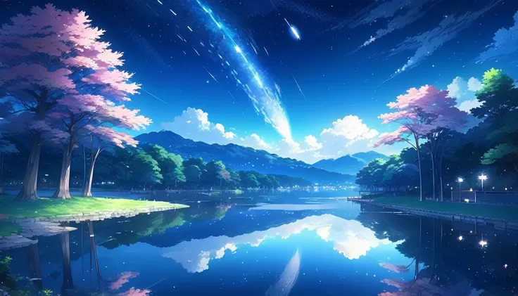 masterpiece, masterpiece, super detailed, meteor, comet, moon, starry sky, lake reflection, a dream-like scene, colorful trees々々...