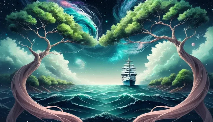 trees, hair, waves, ships, galaxies, trees, surreal image