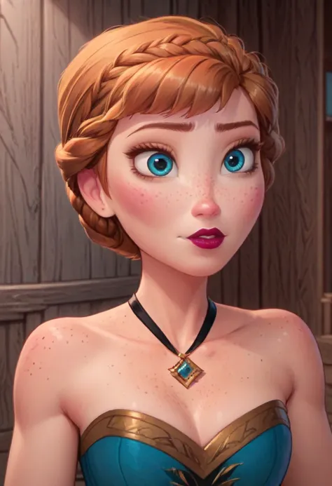 ((masterpiece, best quality)), disney reference, (anna), anna grins, lipstick, freckles on face, upper body: bare shoulders, ski...