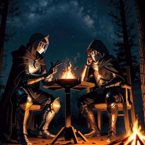 Create an image of two knights sitting and talking around a campfire at night. The first knight is wearing full armor with a closed helmet, while the second knight is wearing a cloak with a hood that partially covers his face. They are sitting near a burni...