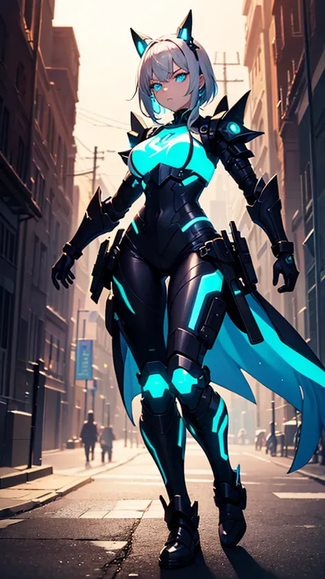 (masterpiece, best quality:1.3), 1 girl, solo, teenager,(top quality eyes:1.3),A young girl, 15 years old, with striking cyan eyes and silver hair, slightly shorter than average, and appearing a bit angry. She is dressed in heavy, futuristic gear resemblin...