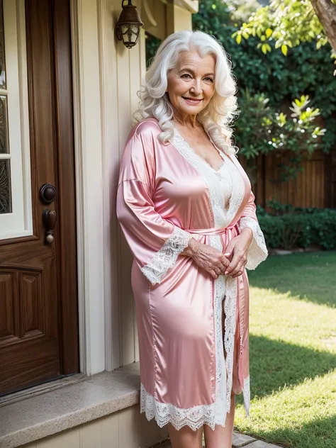 Mature old woman 80 years with long curly white hair, plus size, old face and body with many wrinkles, loose skin, smiling standing at backyard posing for photo, She wearing pink robe and white lace stockings side view. jaw dropping mature older beauty, ol...