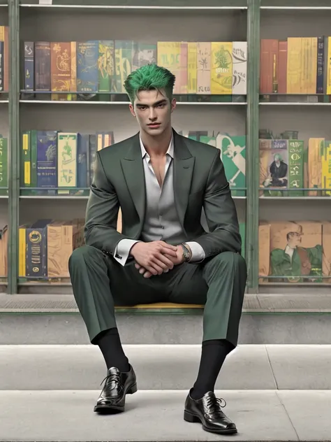 1 man, handsome, muscular, green hair, scar, black suit, black oxford shoes, black socks, best quality, masterpiece, sitting,