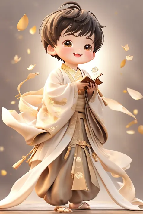 little boy wearing light golden hanfu，smiling, cute numbers, cute numbers艺术, beautifully detailed digital art, cute kawaii boy, ...