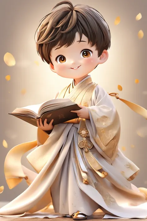 Little boy wearing light golden Hanfu，smiling, Cute numbers, Cute numbers艺术, Beautifully detailed digital art, Cute kawaii boy, Cute super realistic characters, Cute anime boy, Sweet laugh, Realistic cute boy, Beautiful character painting, Lovely character...