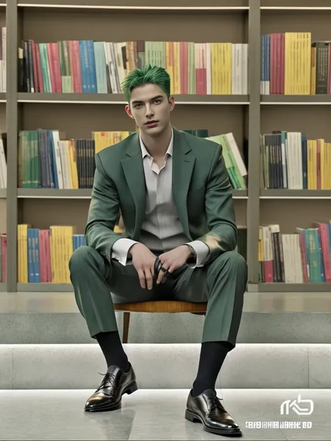 1 man, handsome, muscular, green hair, scar, black suit, black oxford shoes, black socks, best quality, masterpiece, sitting,