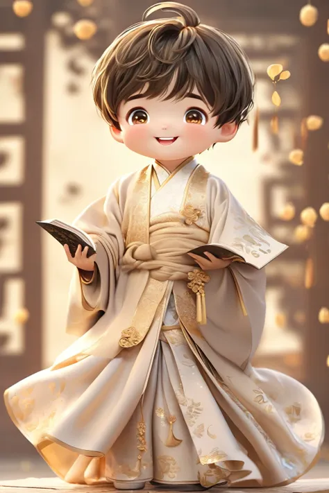 little boy wearing light golden hanfu，smiling, cute numbers, cute numbers艺术, beautifully detailed digital art, cute kawaii boy, ...