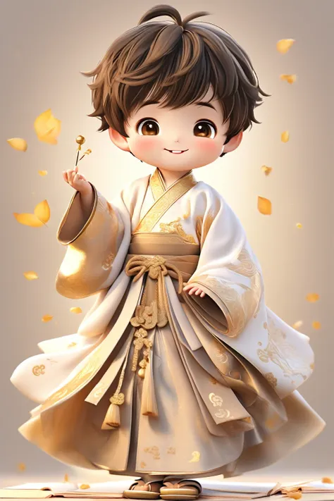 little boy wearing light golden hanfu，smiling, cute numbers, cute numbers艺术, beautifully detailed digital art, cute kawaii boy, ...