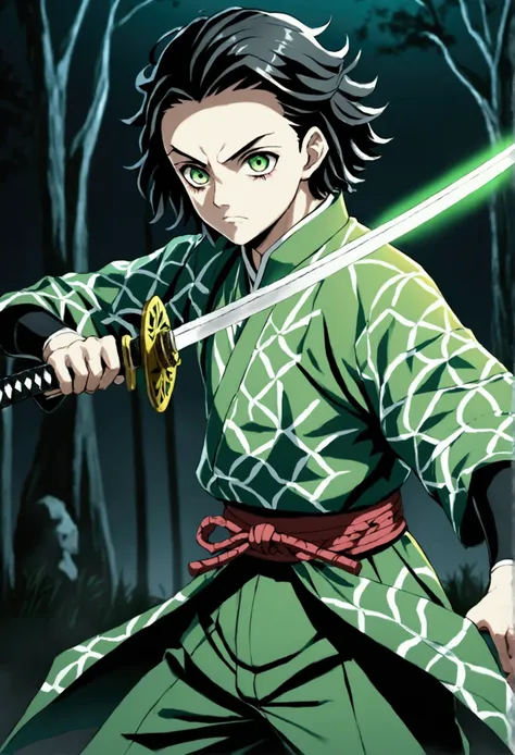 one guy, young guy, kimetsu no yaiba, katana, toxic breathing style, green clothes, green eyes, sword slash, green sword aura, n...