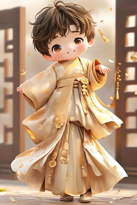 little boy wearing light golden hanfu，smiling, cute numbers, cute numbers艺术, beautifully detailed digital art, cute kawaii boy, ...