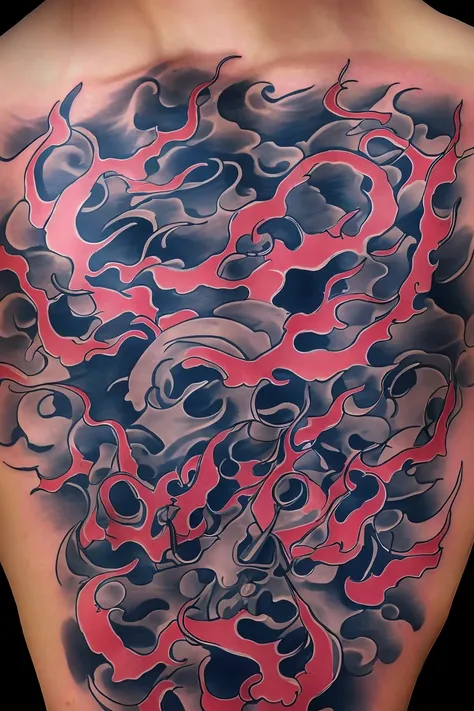 Calligraphy style, A japanse tattoo, A traditional japanese tattoo, Masterpiece, High quality, ultra details, A perfect skull with Japanese wave background and violet fire effects, skull, skull, skull, Upper arm tattoo, perfect skull anatomy, Super detaile...