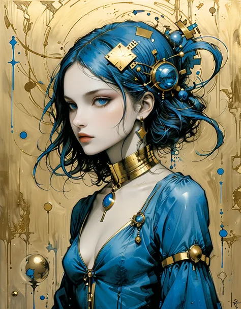 style of santiago caruso，Simple lines and shapes，girl，Gold and blue