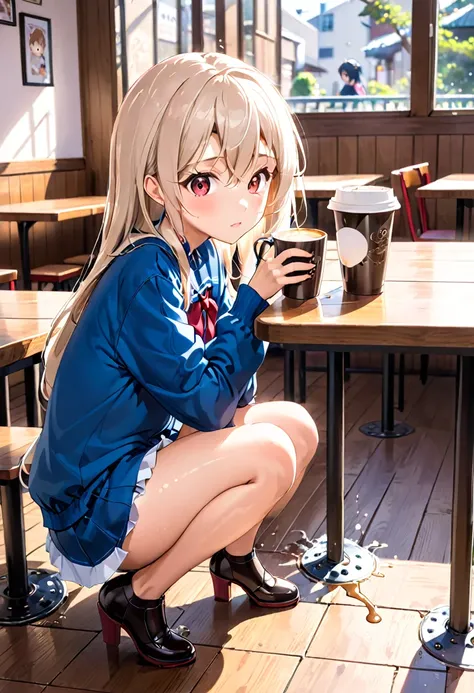 anime girl sitting at a table with a cup of coffee, anime drawing by shitao, pixiv, sequential art, beautiful anime school girl,...