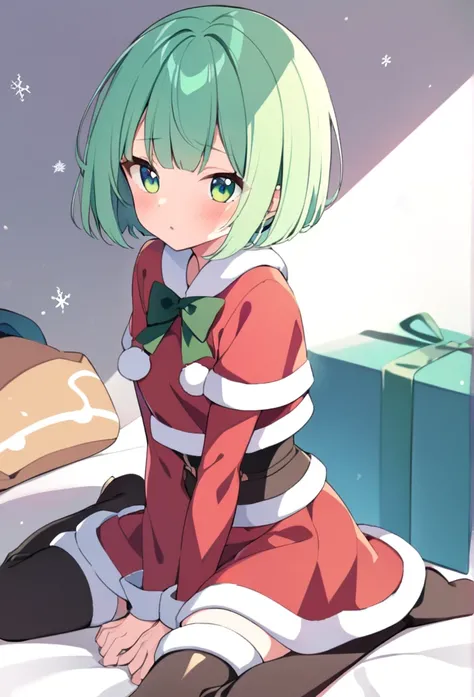 1 girl, cute, young, green hair, bob haircut, green eyes, santa clothes, thigh boots, wariza,